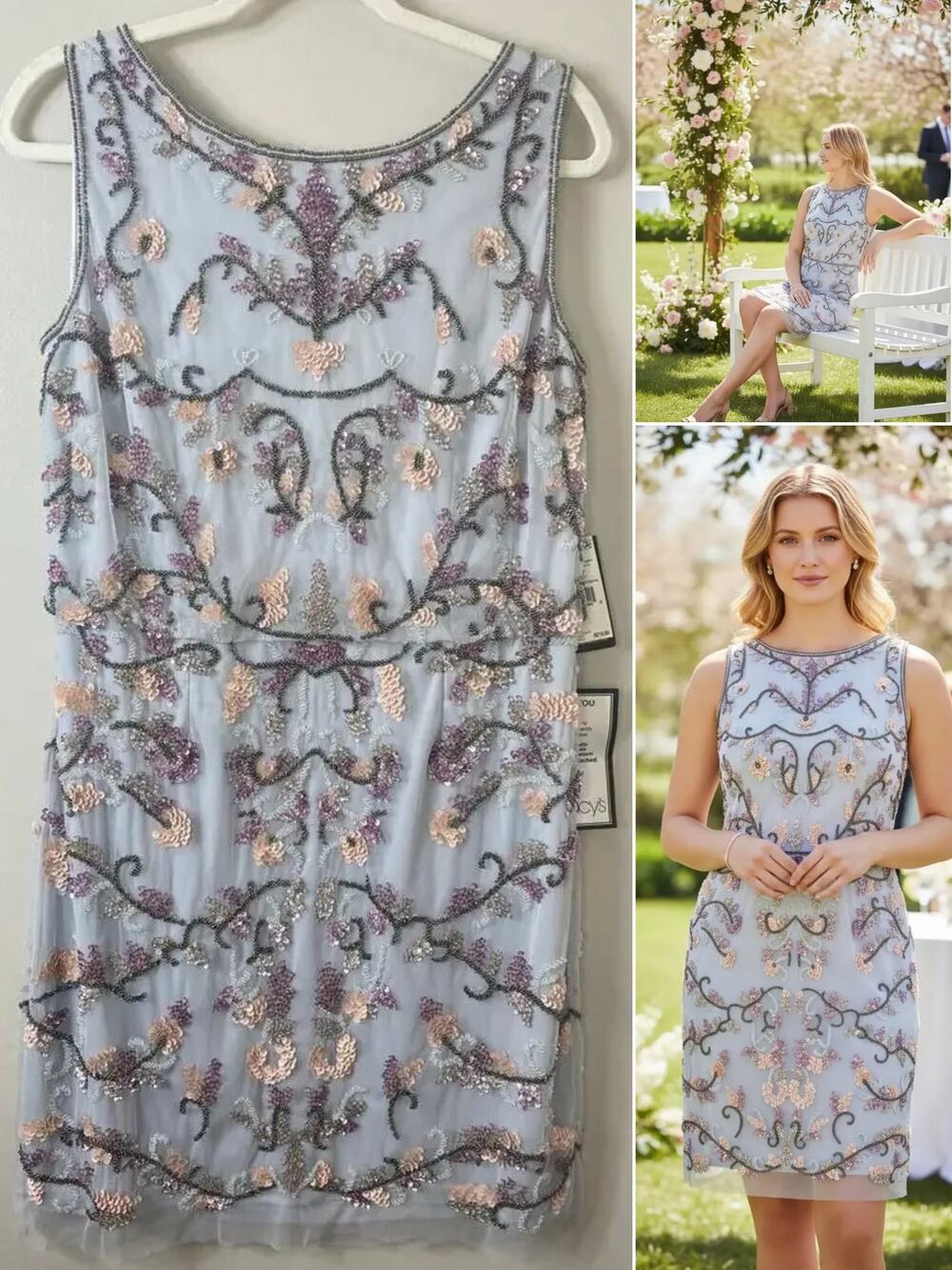 Adrianna Papell Sequin Beaded Dress Garden Party Wedding Guest Cocktail